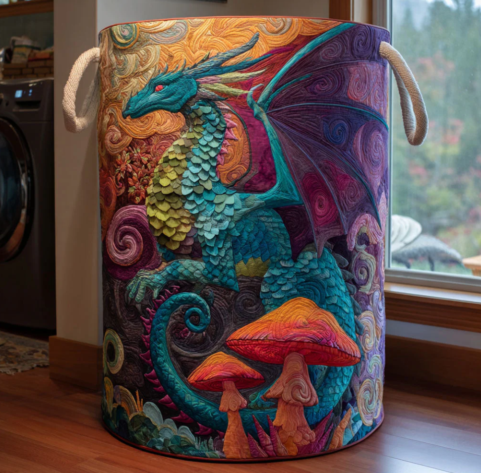 Mythical Dragon Pattern Quilted Laundry Basket Eco-Friendly Machine Washable Storage Organizer for Home Fantasy Themed Room Decor | Dragon