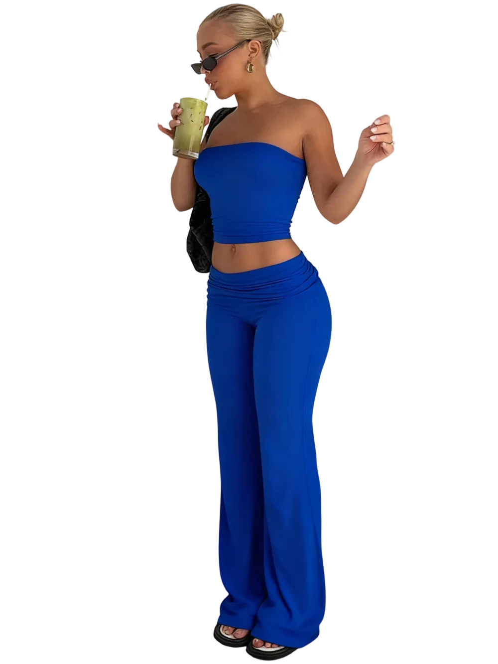 Two-Piece Set Women's Solid Crop Tube Top & Foldover Waist Flare Leg Pants