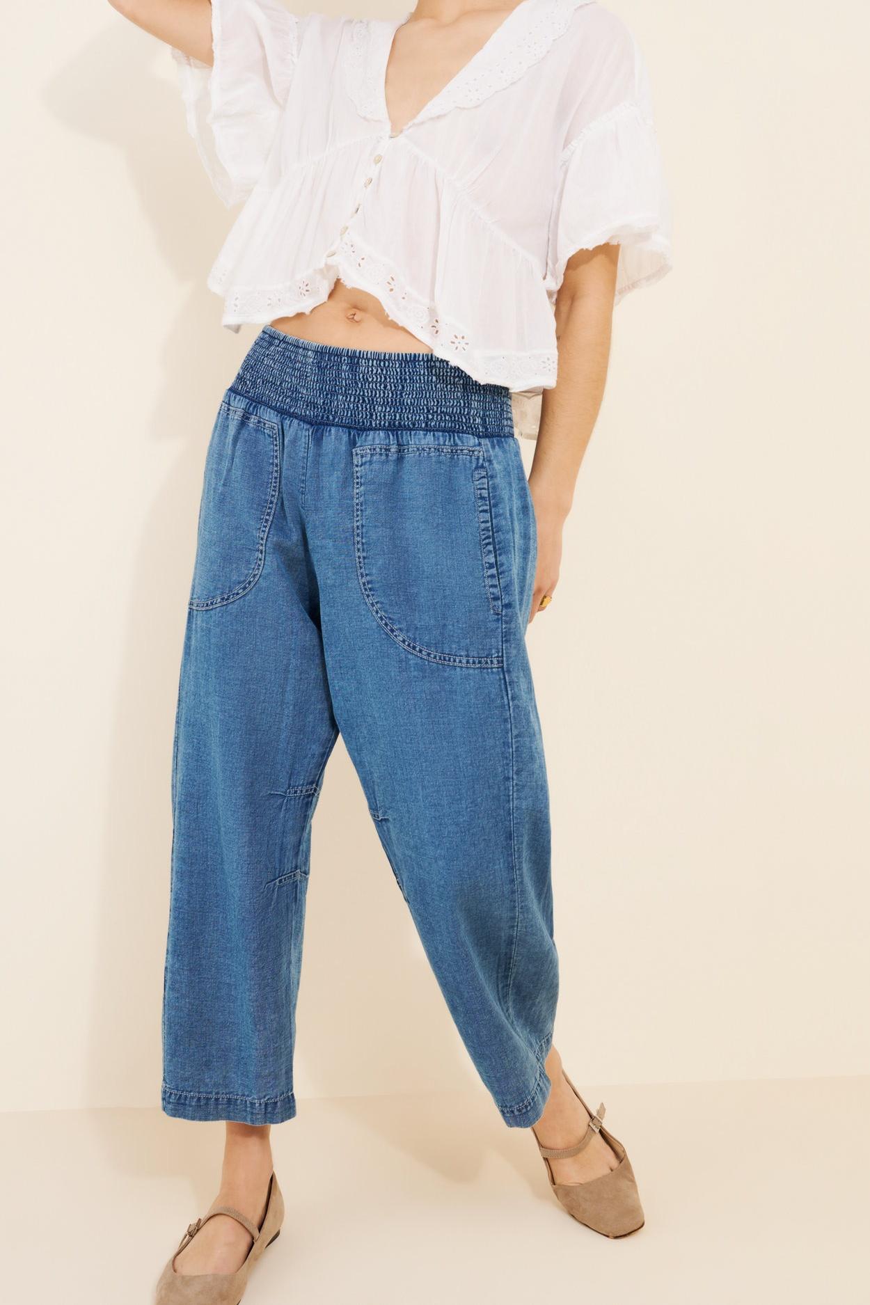 Elastic Waist Wide Leg Cotton Crop Denim Jeans