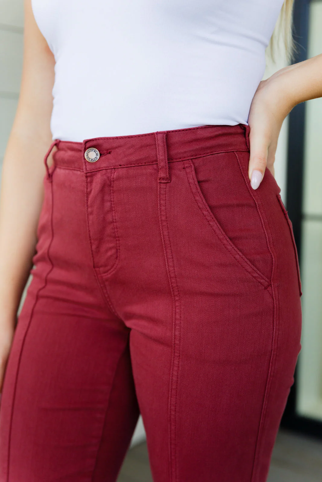 Blue Phoebe High Rise Front Seam Straight Jeans in Burgundy