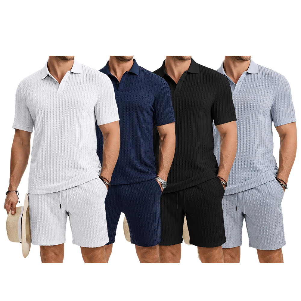 Men 2 Piece Jacquard Knit Lounge Sets Short Sleeve Polo Shirt and Shorts Sets Summer Outfits with Pockets