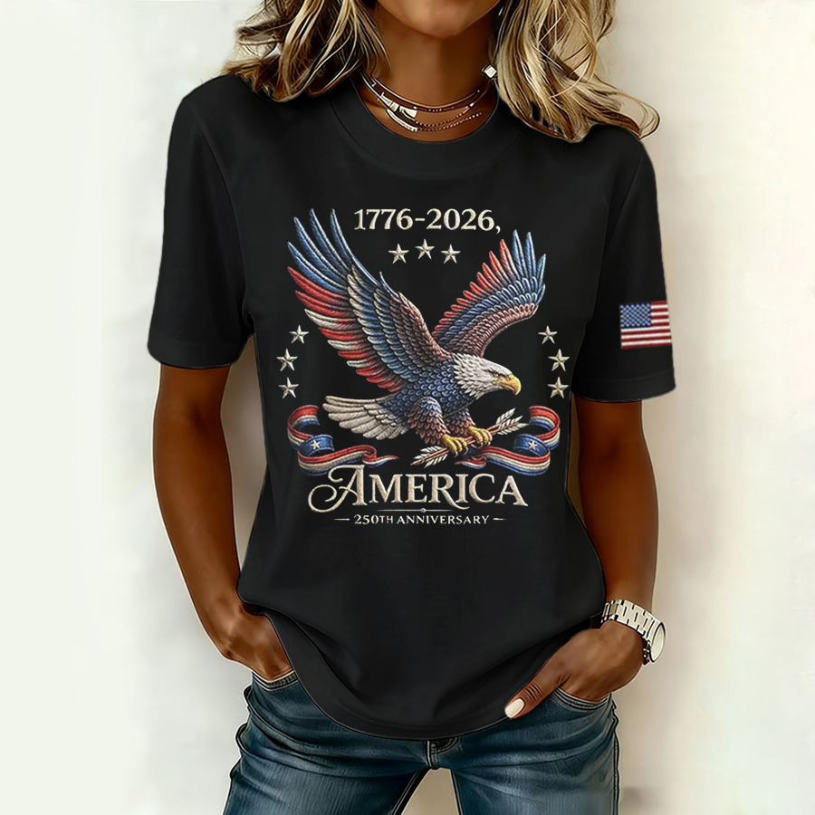 Women'S Retro American Independence Day Commemorative Printed Round Neck T-Shirt