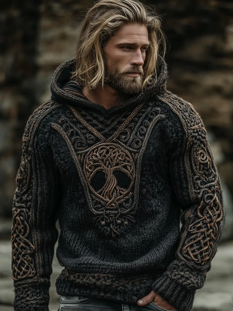 Men's Vintage Viking Life Of Tree Celtic Art Knit Hooded Sweater