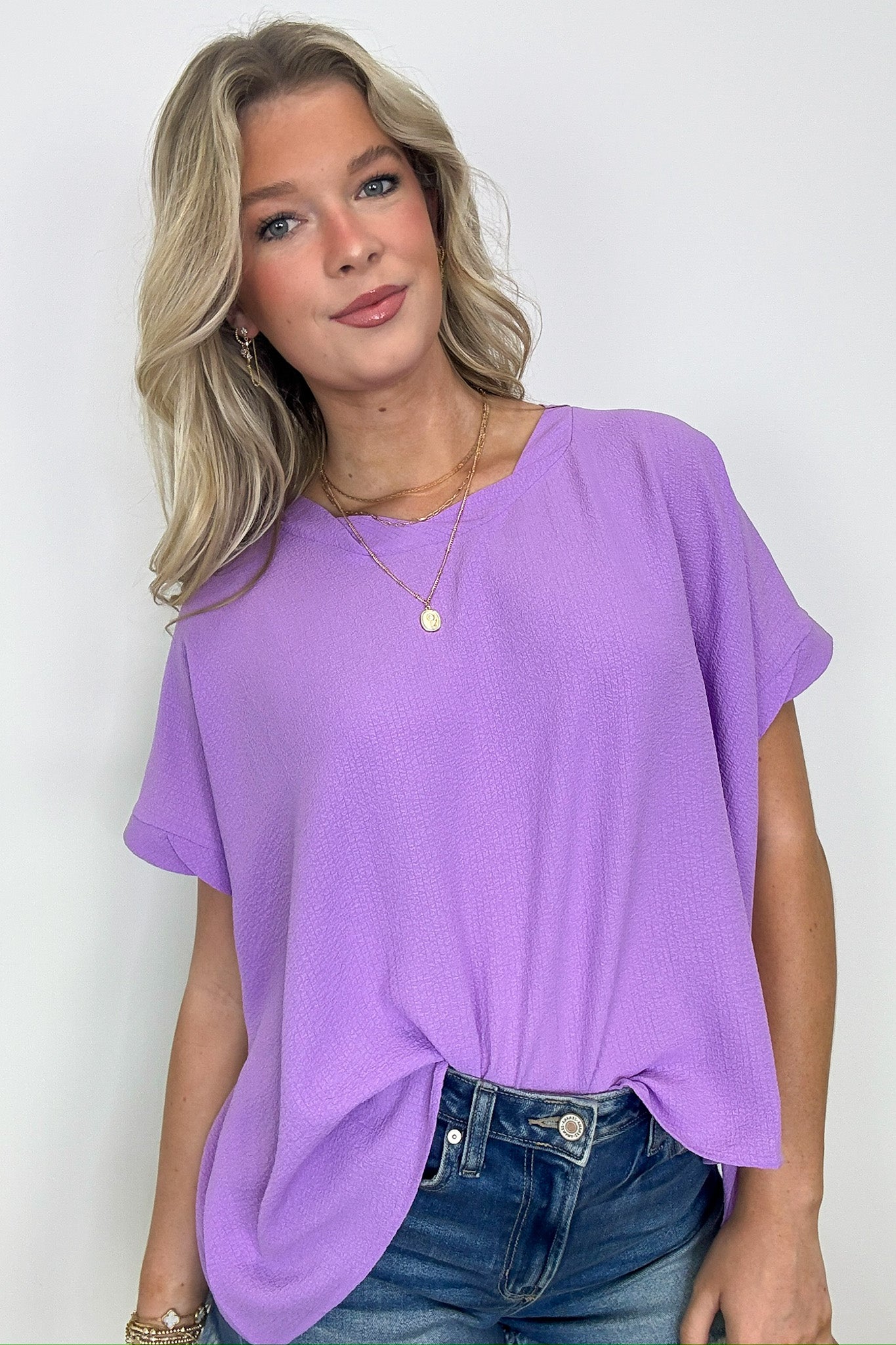 Woven Round Neck Flowy Top