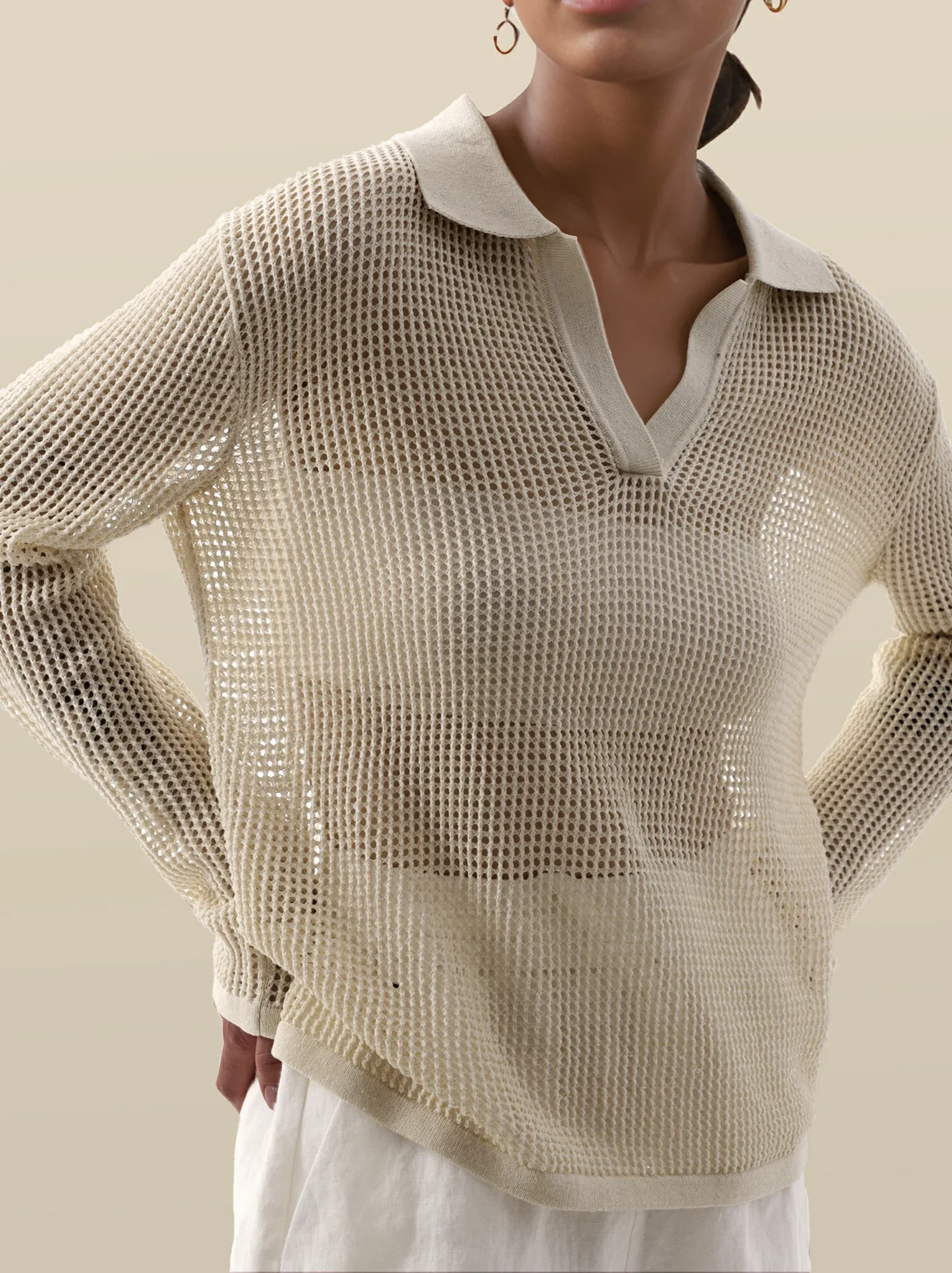 Lyocell & Linen Polo Neck Long Sleeve Cut-out Top