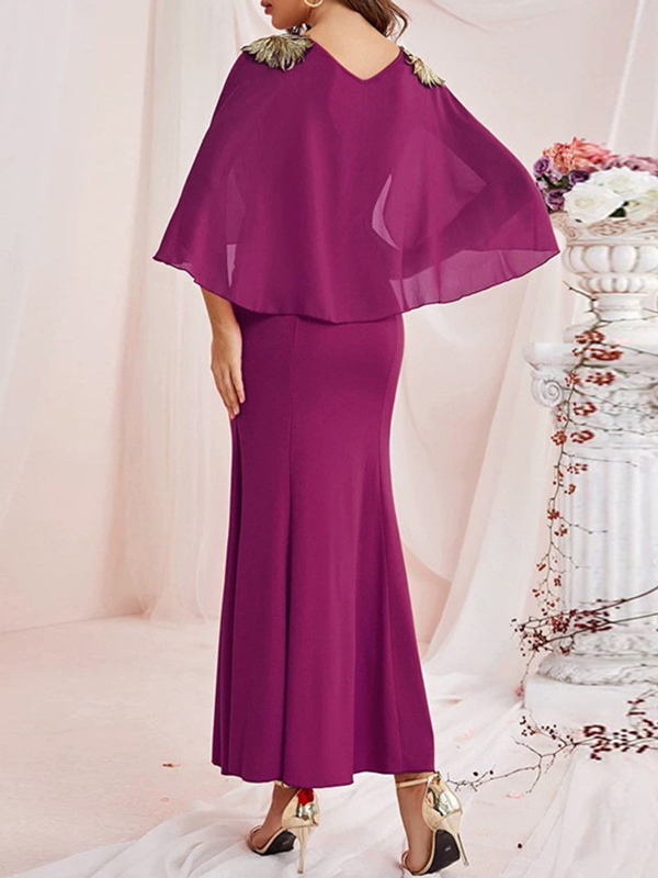 Gauze Solid Color Split-Joint Zipper Batwing Sleeves Bodycon V-Neck Maxi Dresses