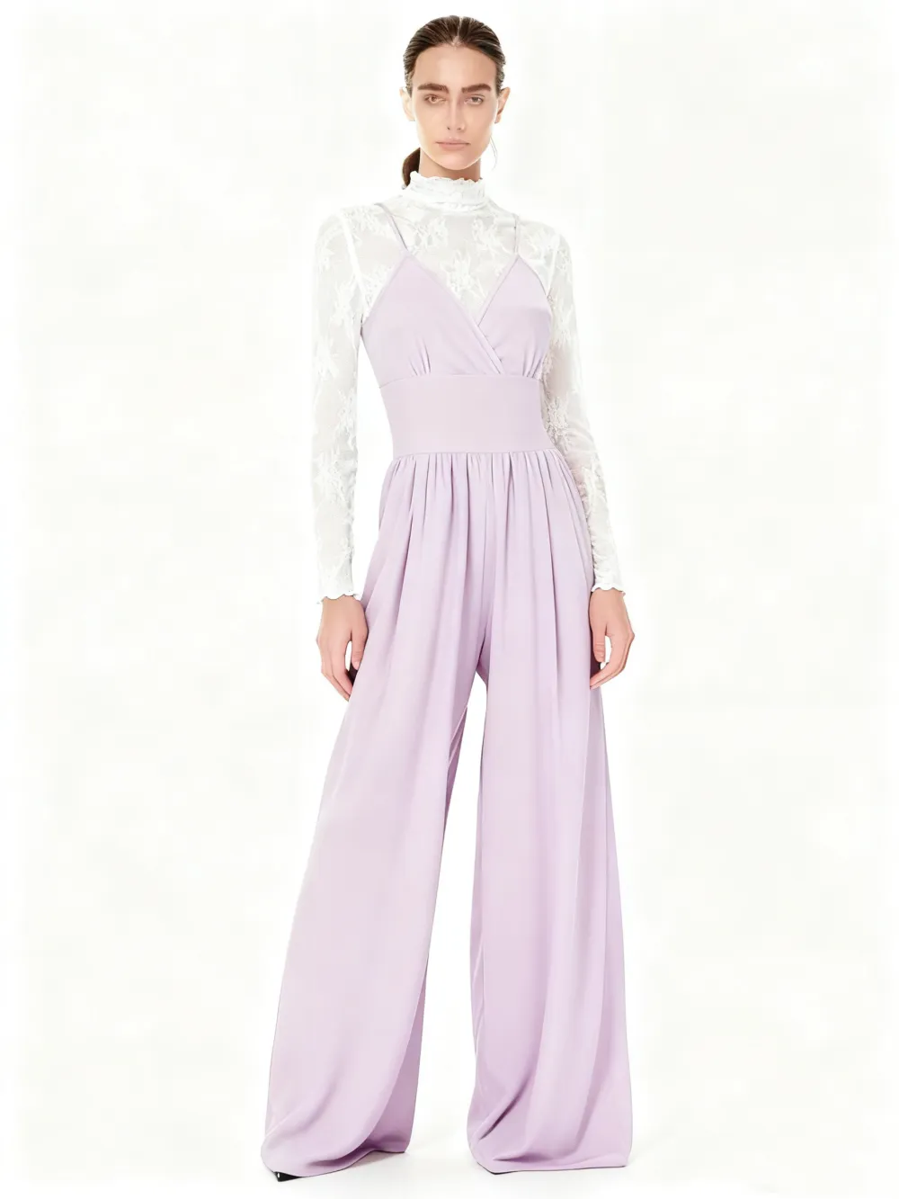 Women's Solid Color Lettuce Trim Mock Neck Sheer Lace Top & Pocket Wide Leg Cami Jumpsuit