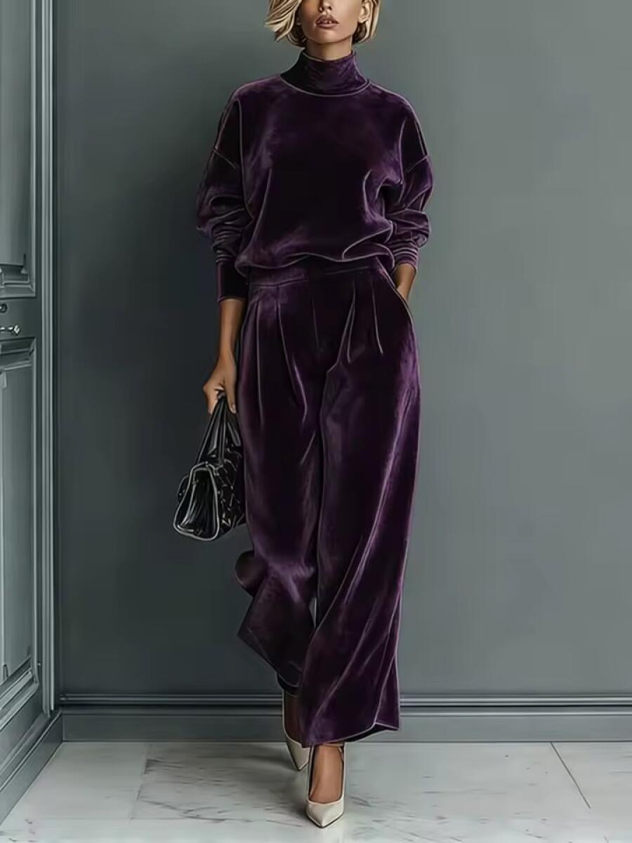 Women High Neck Solid Color Casual Suit