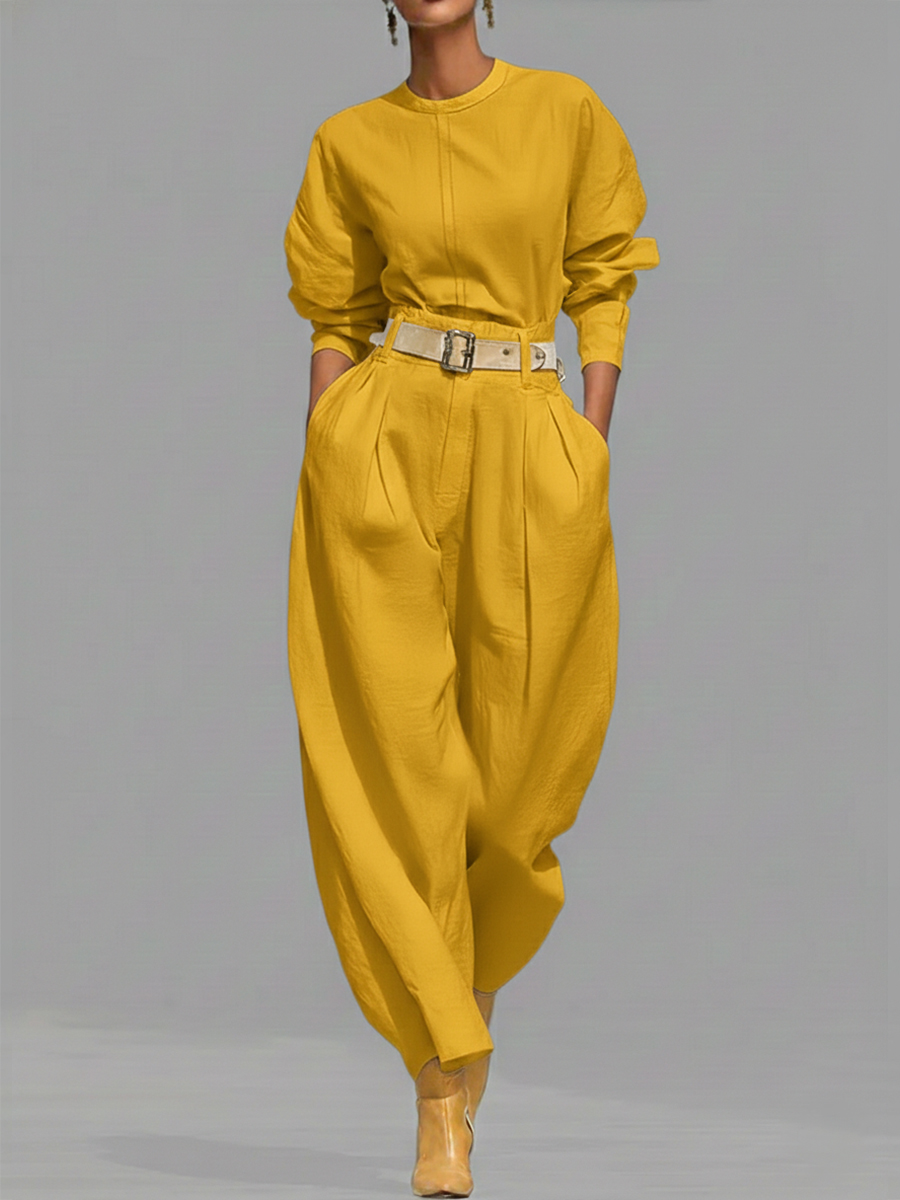 Casual Linen And Cotton Crew-neck Shirt And High-waisted Tapered Trousers Two-piece Set.