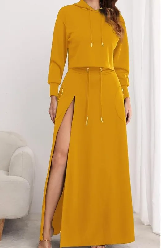 Women's Solid Drawstring Hoodie & Split Thigh Skirt Set