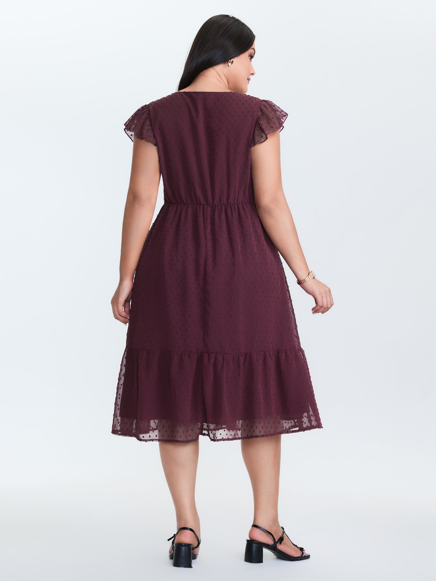 Textured Chiffon Flutter Sleeve Midi Dress