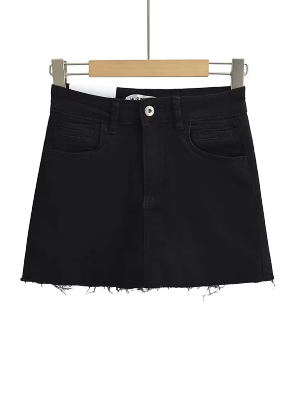 High-Waist Elastic Slim-Fit Distressed Edge A-Line Denim Mini Skirt