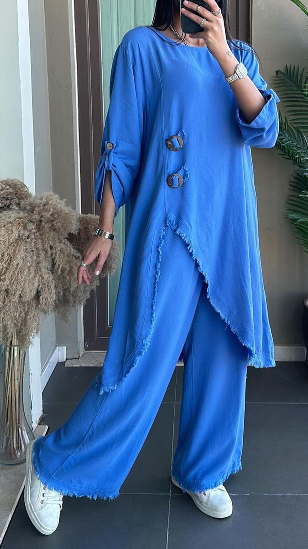 Women's Round Neck Irregular Hem Set Long Cotton and Linen Suit