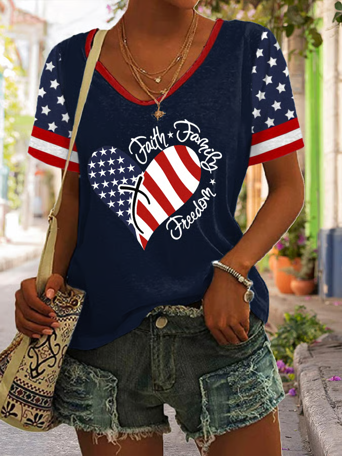 Casual Independence Day (Flag) V Neck Short Sleeve T-shirt