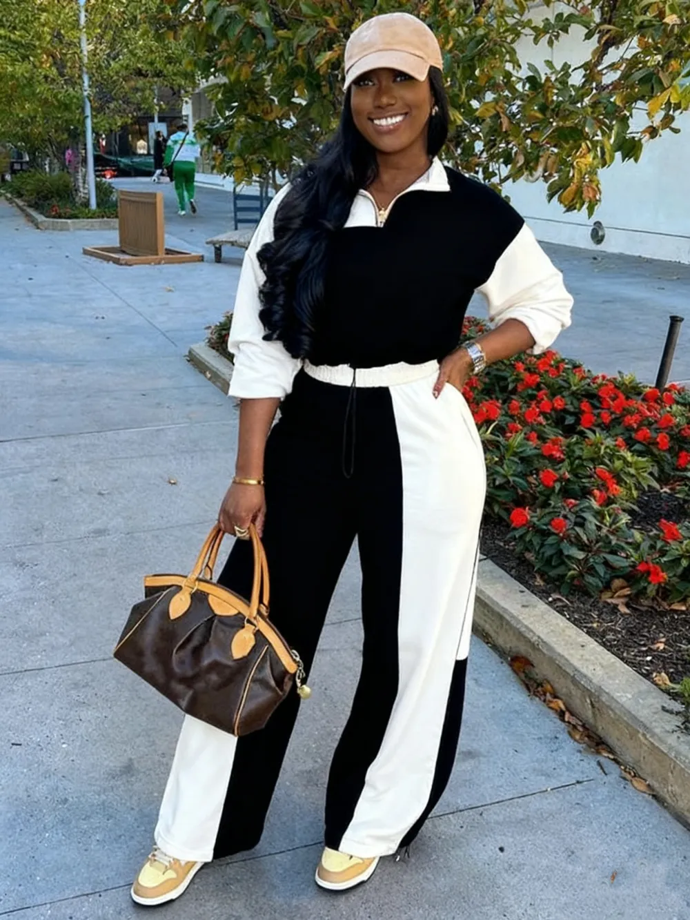 2-piece Set Women's Colorblock Zip Up Jacket & Wide Leg Pants