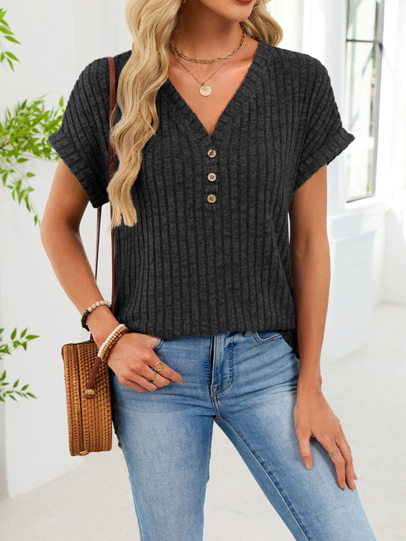 Ribbed Knit V-Neck T-Shirt