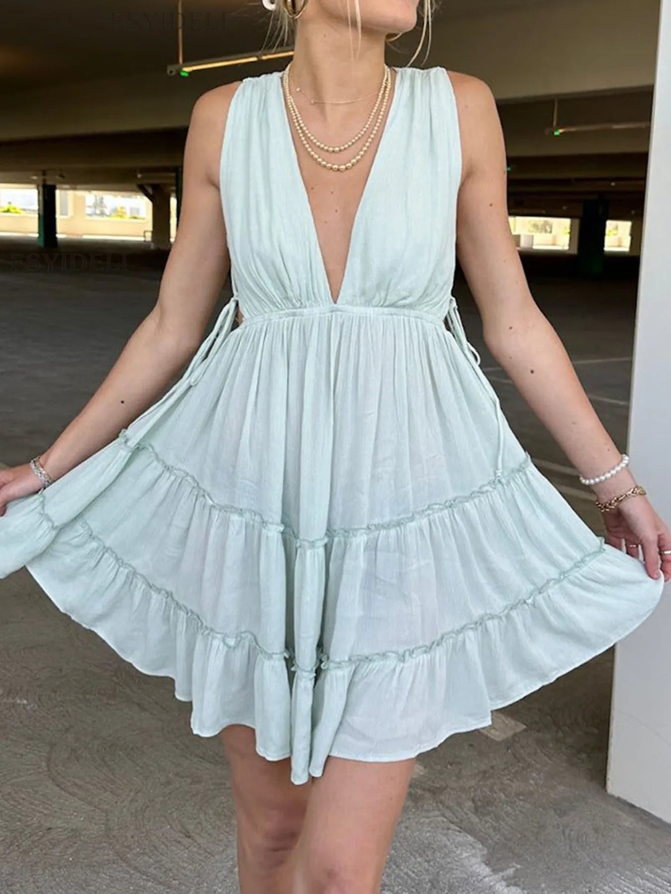 Deep V-Neck Tiered Mini Dress