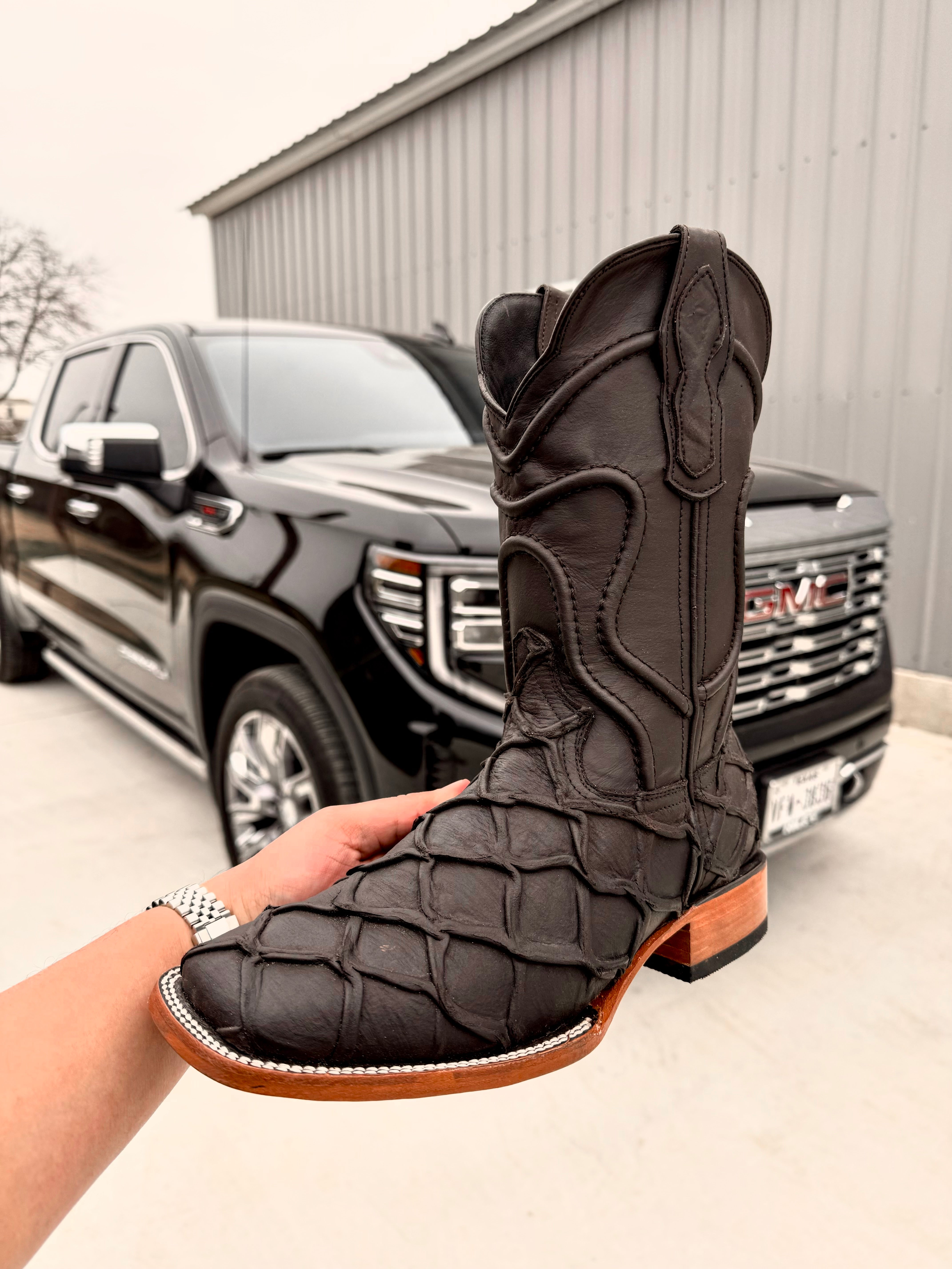 Matte Brown Pirarucu Leather Boots - Square Toe