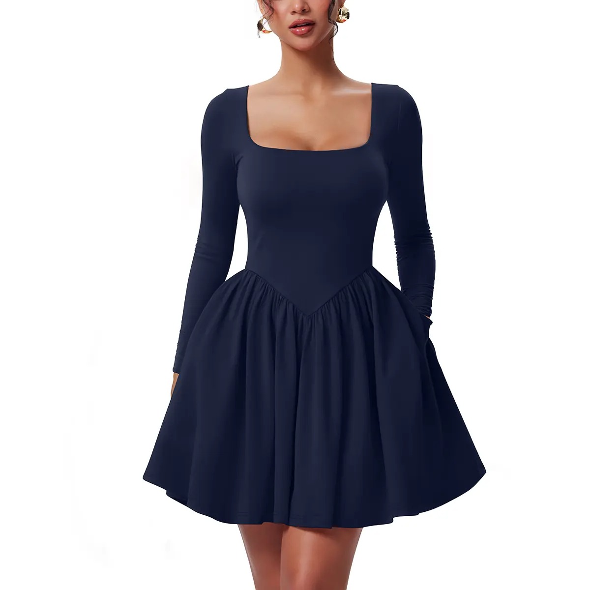 Women’s Long Sleeve Ruffle Hem Mini Dress with Pockets
