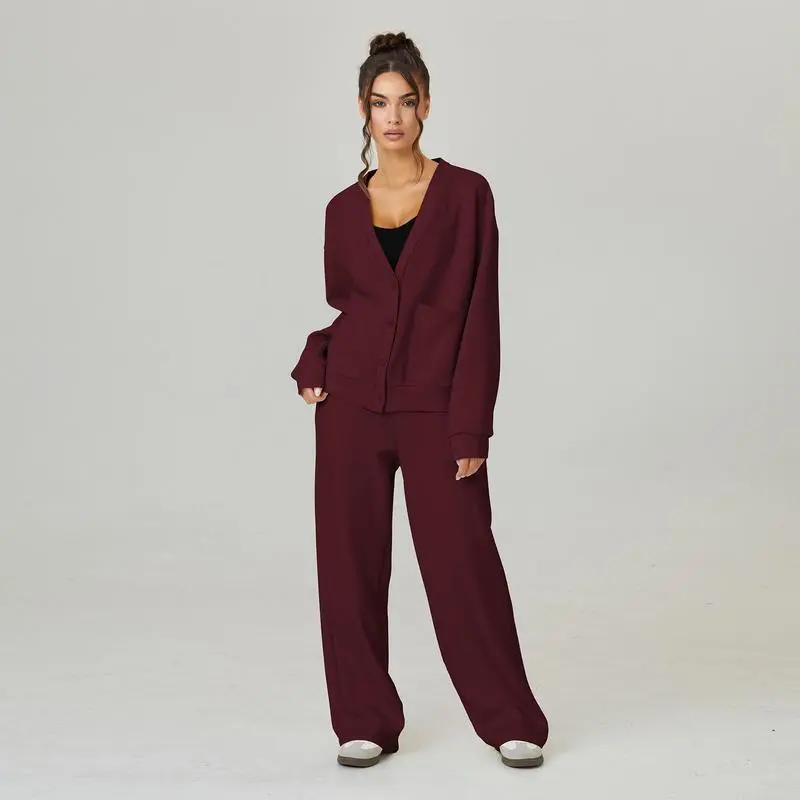 Women's Slouchy V-Neck Button Cardigan & Drawstring Pants Two-Piece Set