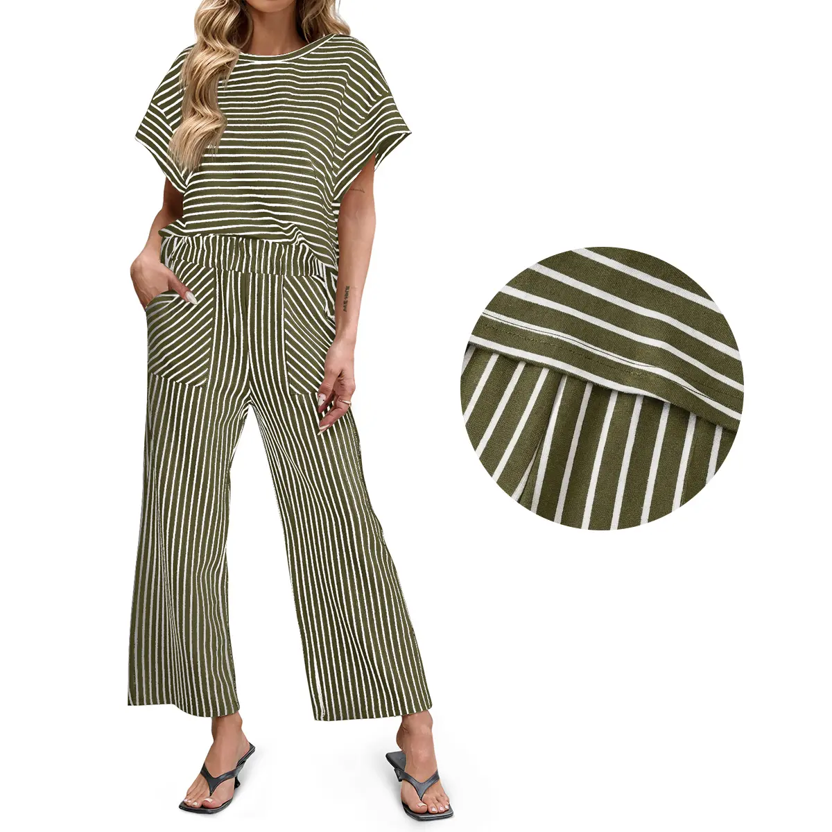 Womens Striped 2 Piece Sets Short Sleeve T Shirts Wide Leg Pants Matching Lounge Set with Pockets