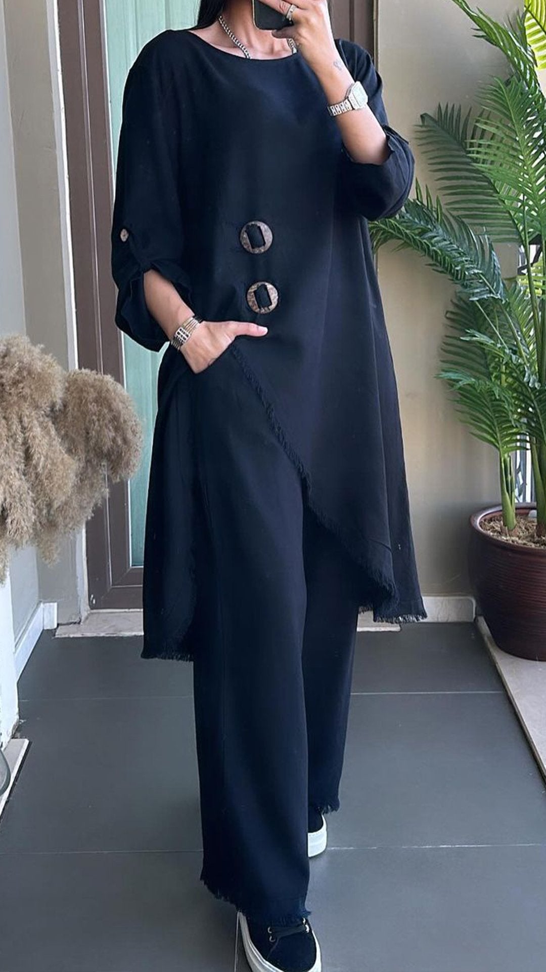 Women's Round Neck Irregular Hem Set Long Cotton and Linen Suit