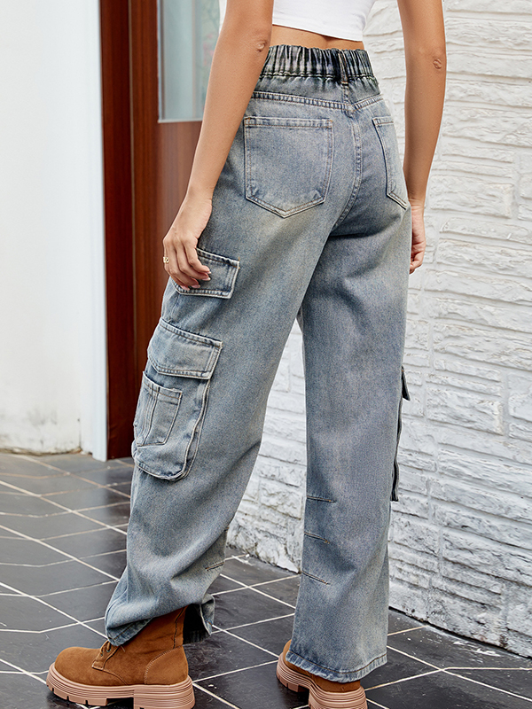 Pleated Pockets Split-Joint Loose Jean Pants Bottoms