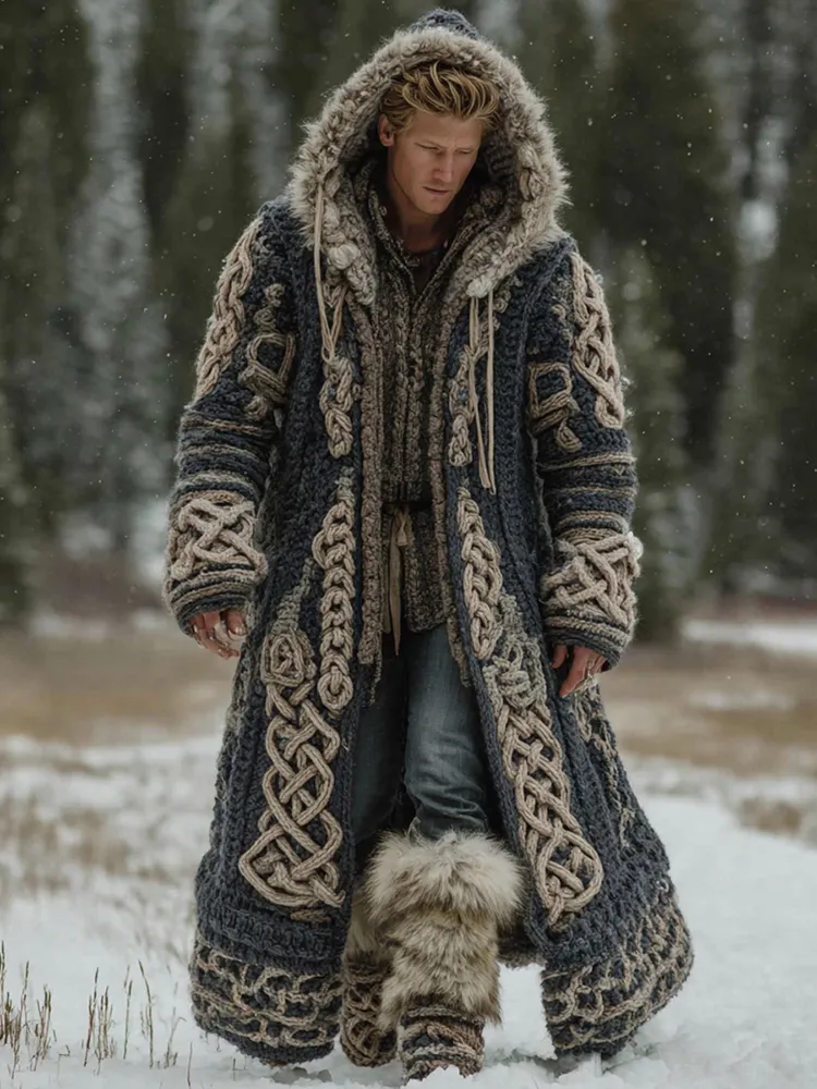 Men's Viking Celtic Knot Art Pocket Mid-length Fur Collar Chunky Knit Cardigan Sweater