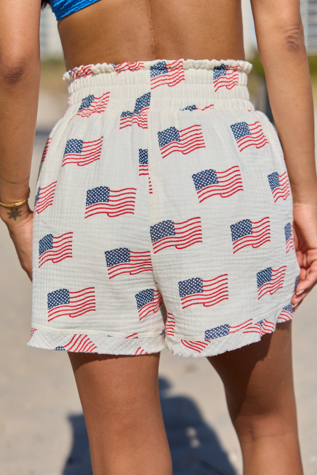 Ready For A Change Cream Flag Print Gauze Shorts