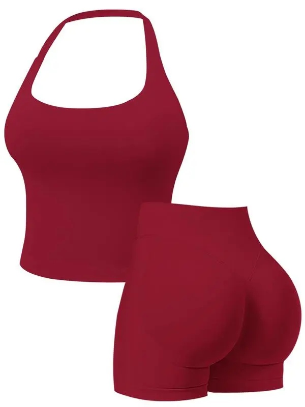 Two-Piece Set Women's Solid Color Halter Top & High Waist Shorts Sports Set