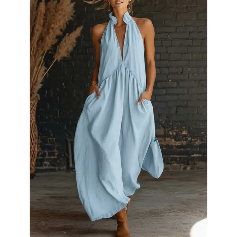 2026 Minimalist Halter Neck Maxi Dress | Casual Loose Fit Pocket Dress | Effortless Summer Outfit for Women