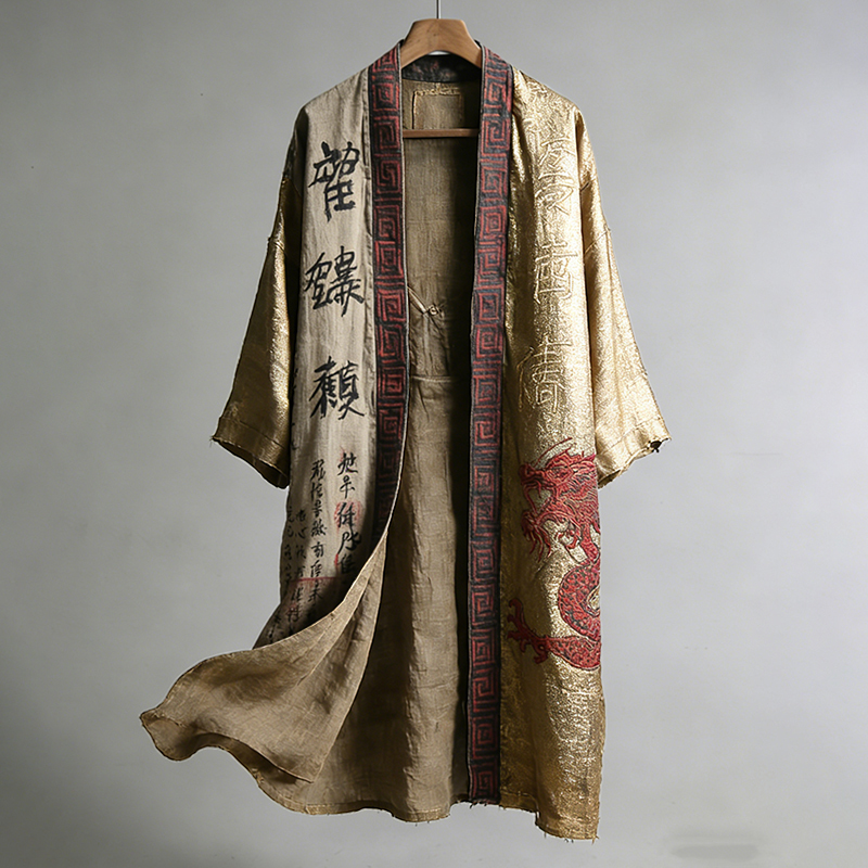 Men's Japanese Dragon Pattern Calligraphy And Painting Art Linen Long Kimono