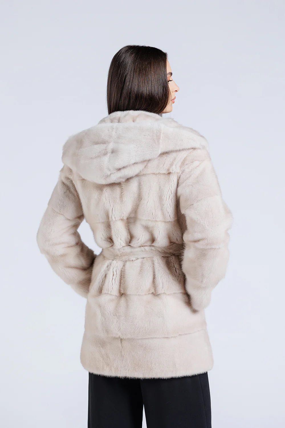 Haină din Blană Naturală de Vizon, cu Glugă Cobra, Cordon din Blană, Femei, Pearl 197