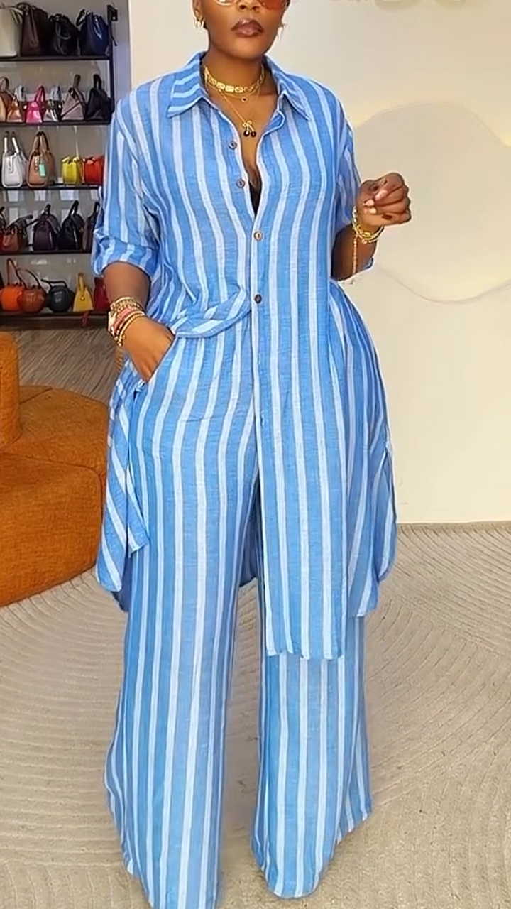 Women Collar Vertical Stripe Top+ Pants Casual Suit