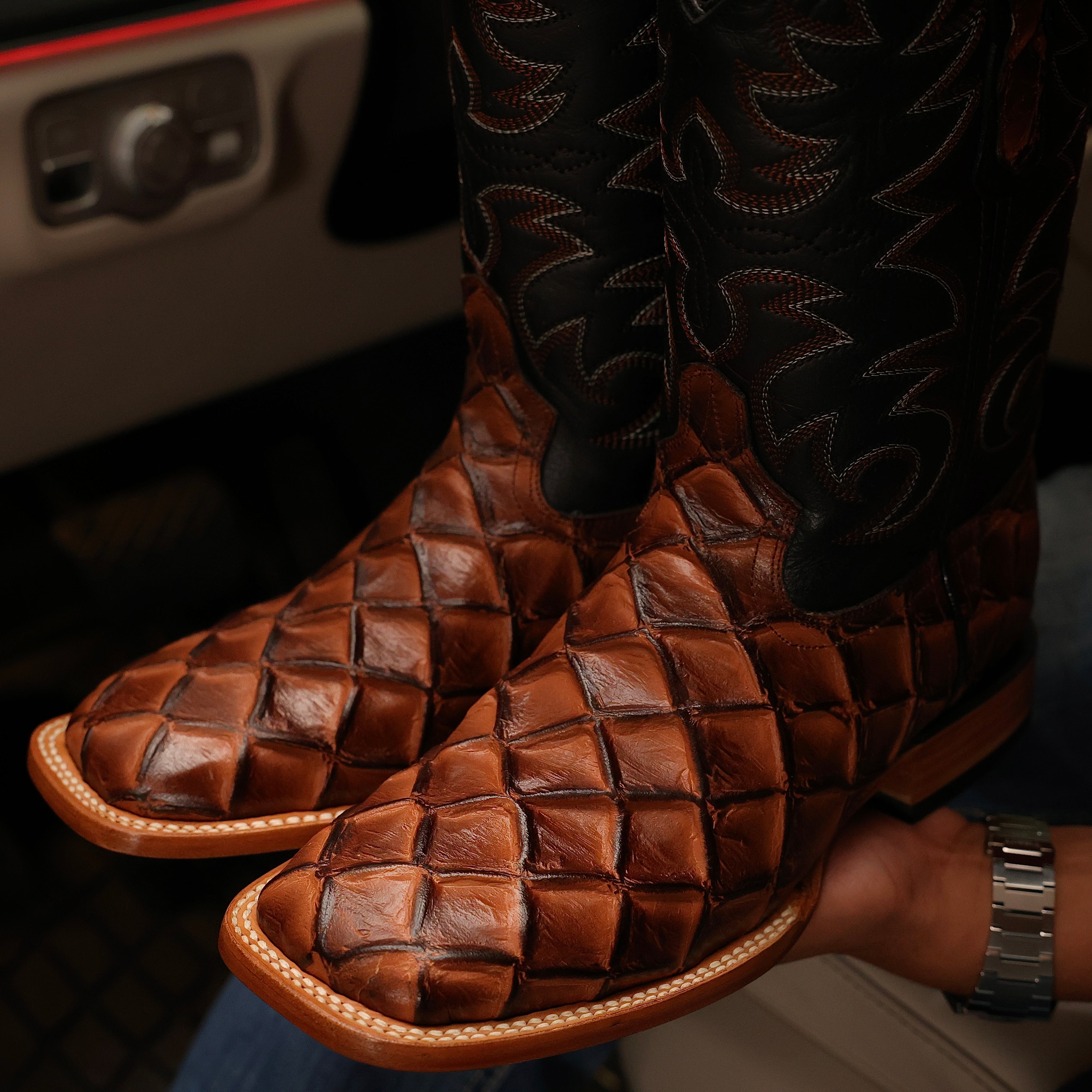 Cognac Pirarucu Leather Boots - Square Toe