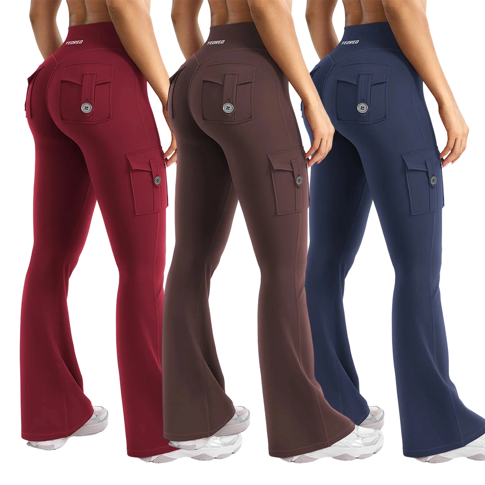 Women's Workout Flare Leggings with Pockets Hidden Scrunch High Waisted Cargo Gym Yoga