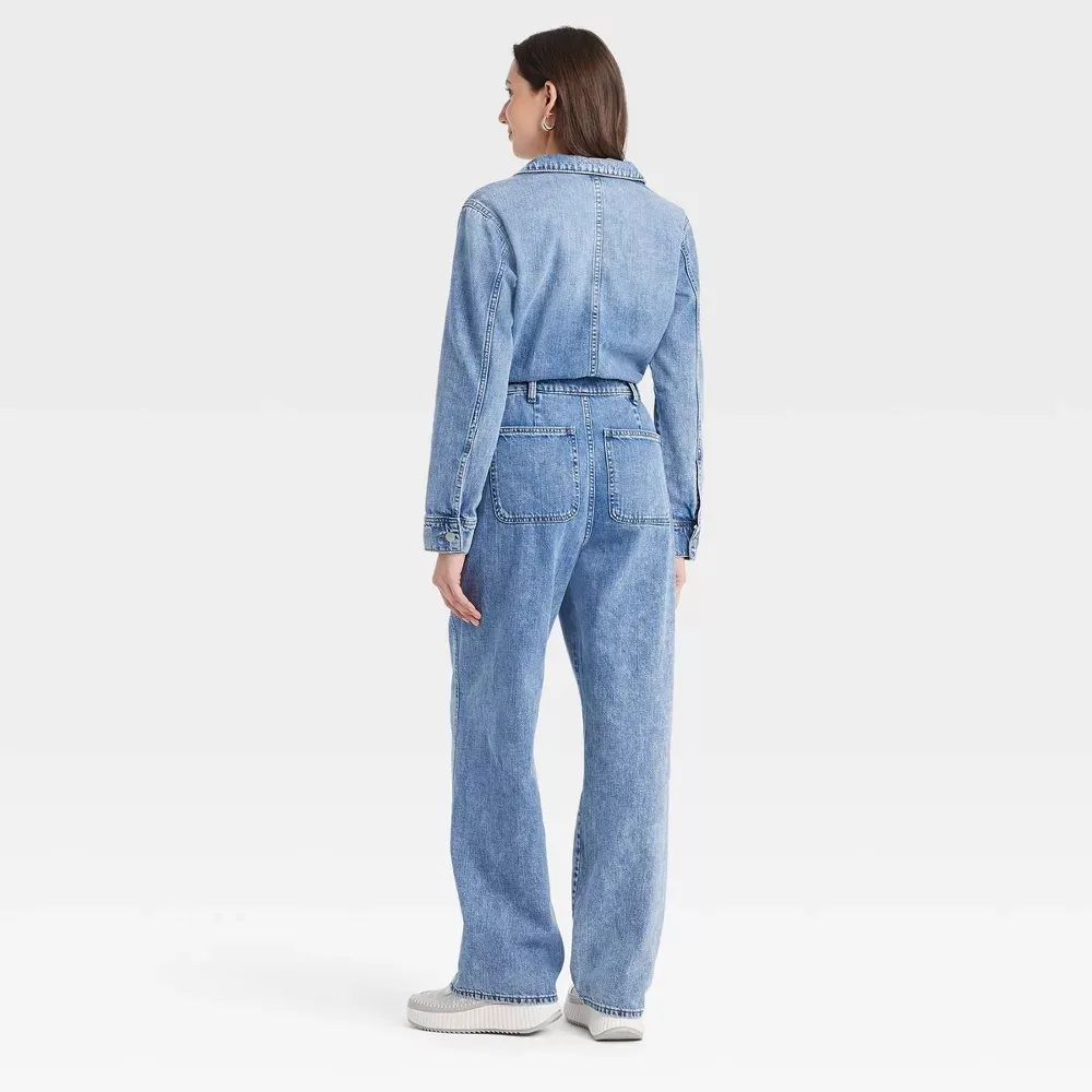 Women's Long-Sleeve Baggy Utility Denim Jumpsuit