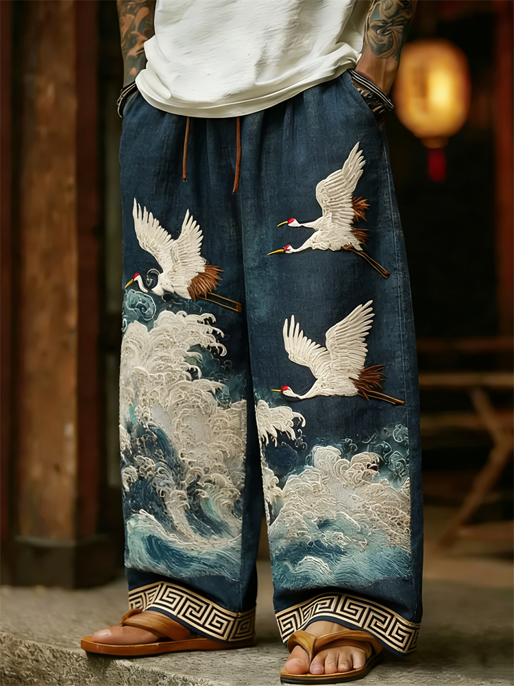 Men's Japanese Cranes & Sea Waves Linen Pants