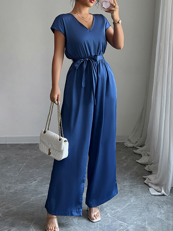 Backless Pleated Pockets Solid Color Tied Waist High Waisted Loose V-Neck Jumpsuits