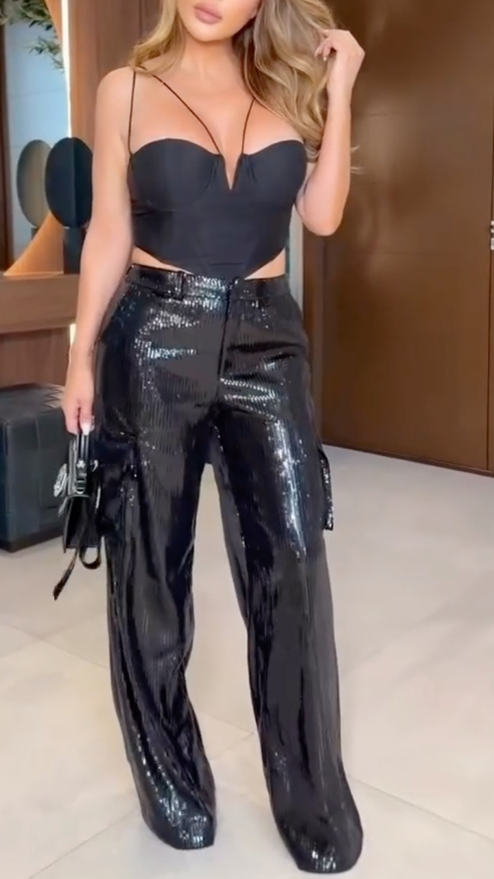 Women's Sequined Multi-pocket Straight Leg Pants