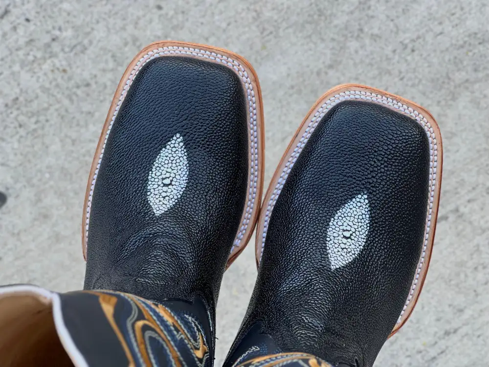 Men’s Black Stingray Leather Boots With Black Shaft/ Gold Embroidery Shaft