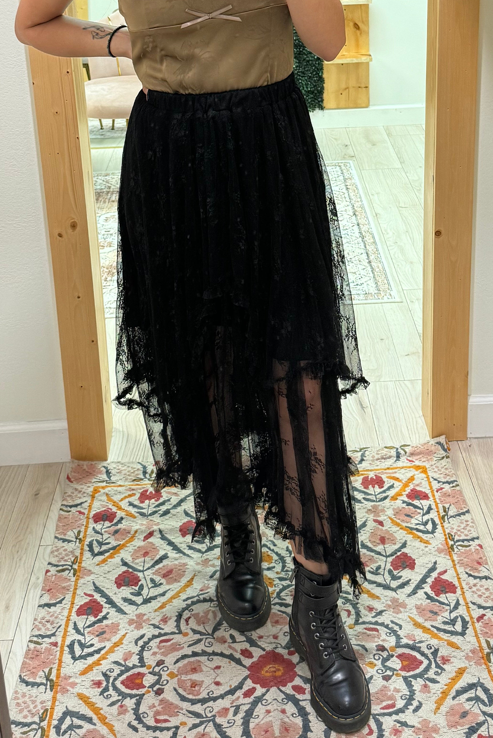 Black Lace Cascading Tiered High Waist Maxi Skirt
