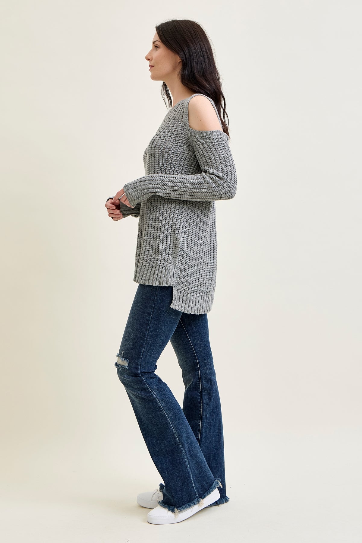 Cold Shoulder Pullover Grey Sweater