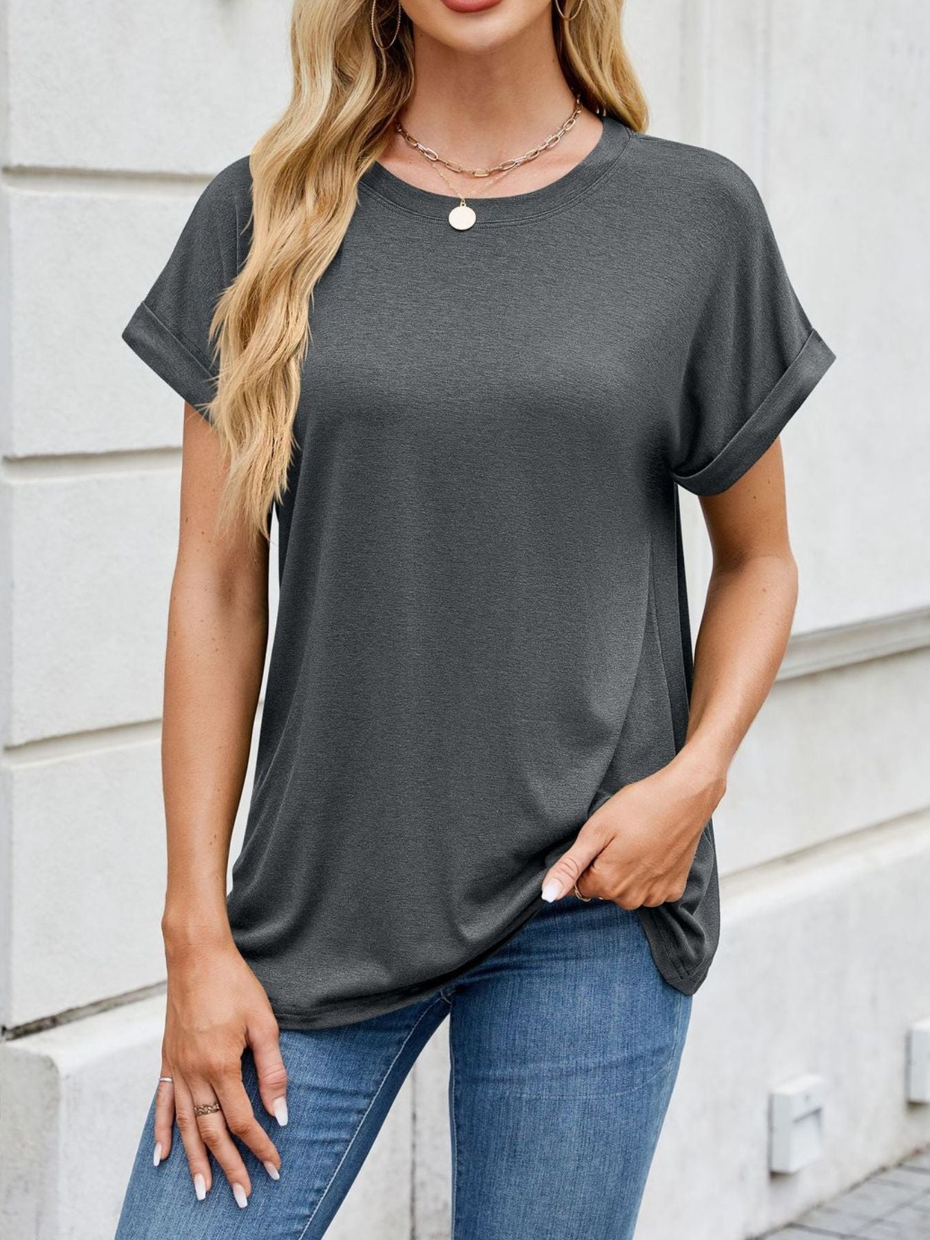 Casual Rolled Sleeve Solid Color T-Shirt