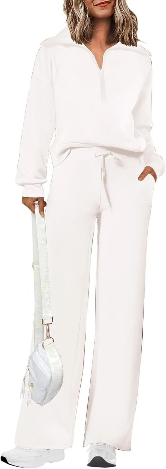 🔥Final Day Clearance!🛒Women's 2 Piece Outfits Casual Lapel Half Zip Sweatshirts And Wide Leg Pants Tracksuit Sets