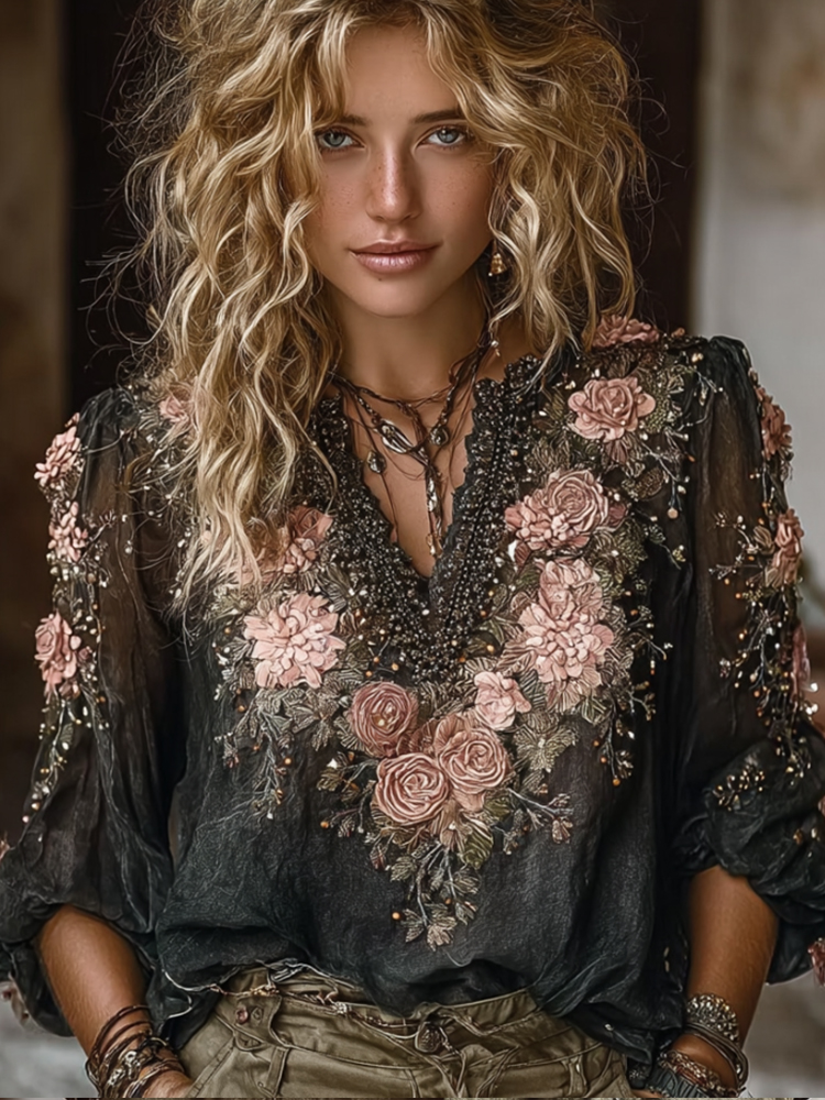 Bohemian Style Pink Rose Black Casual V-neck Long Sleeved Top