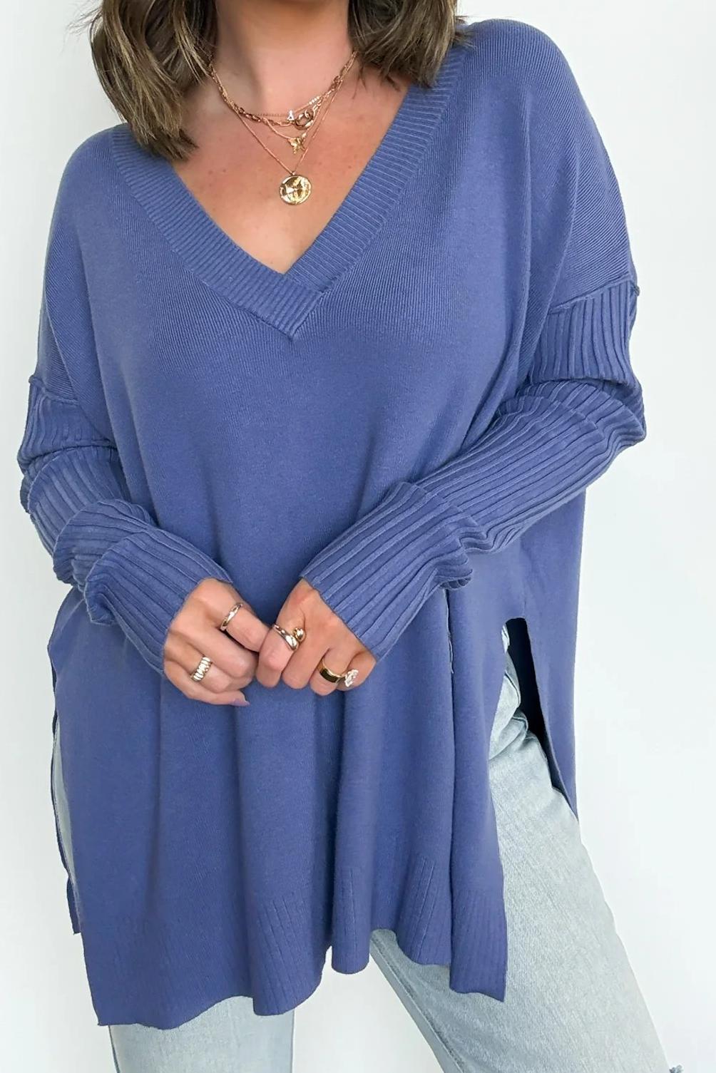 V-Neck Ribbed Hem Sweater