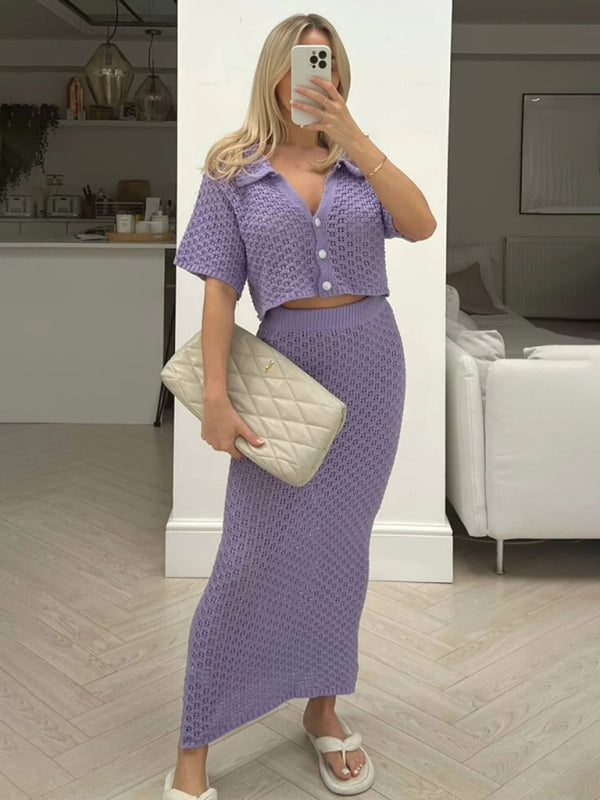 Knitted Crochet Multicolor Cardigan Button Skirt All-match Set Dress