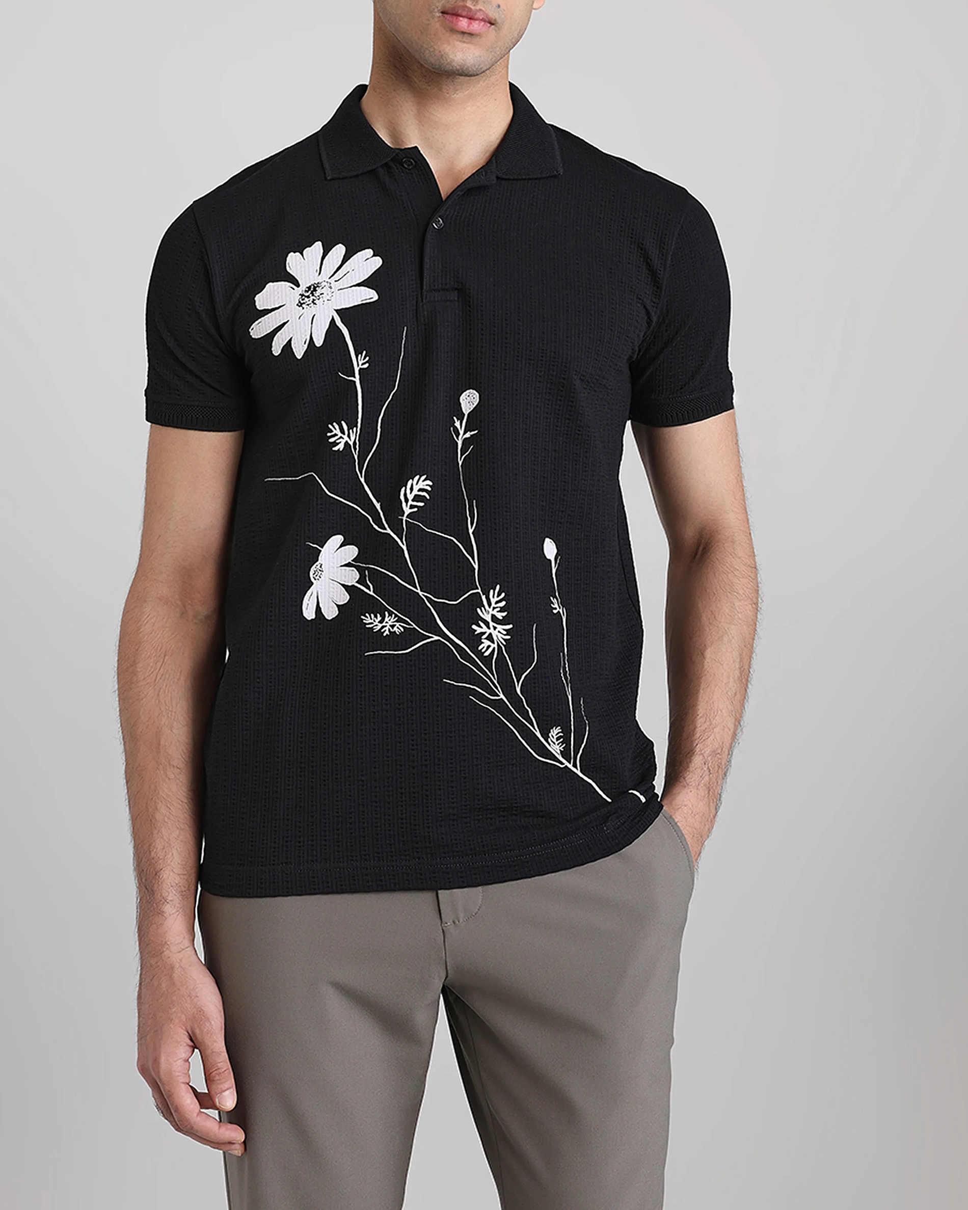 Minimalist Vintage Black Daisy Personality Polo Shirt