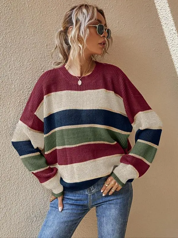 Women's Colorblock Striped Print Drop Shoulder Sweater